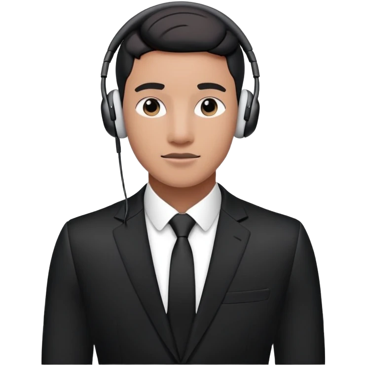 Character in a business black suit and AirPods Max headphones emoji