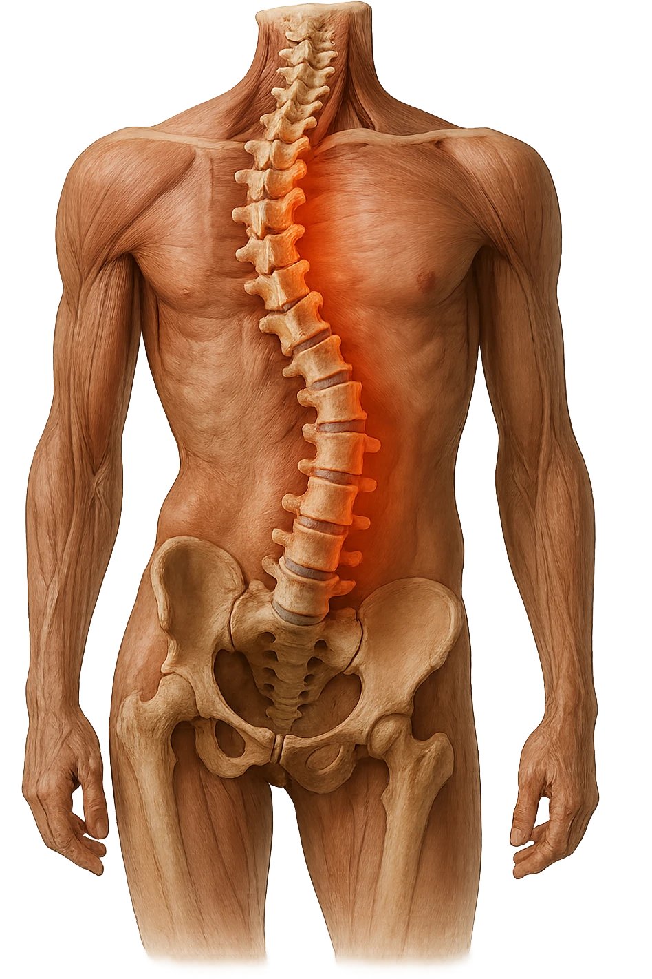 SPINA DORSALE STORTA E INFIAMMATA CON BACINO UMANO ANATOMICO REALISTICO INCLINATO, iperrealistica 4k emoji