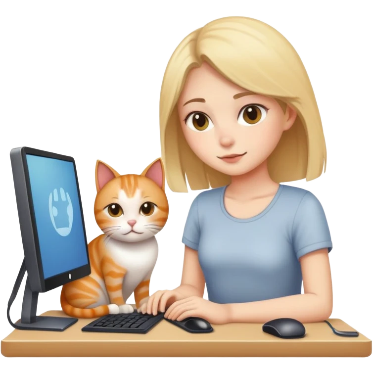 a girl working in front of a computer with a cat lying next to the computer emoji