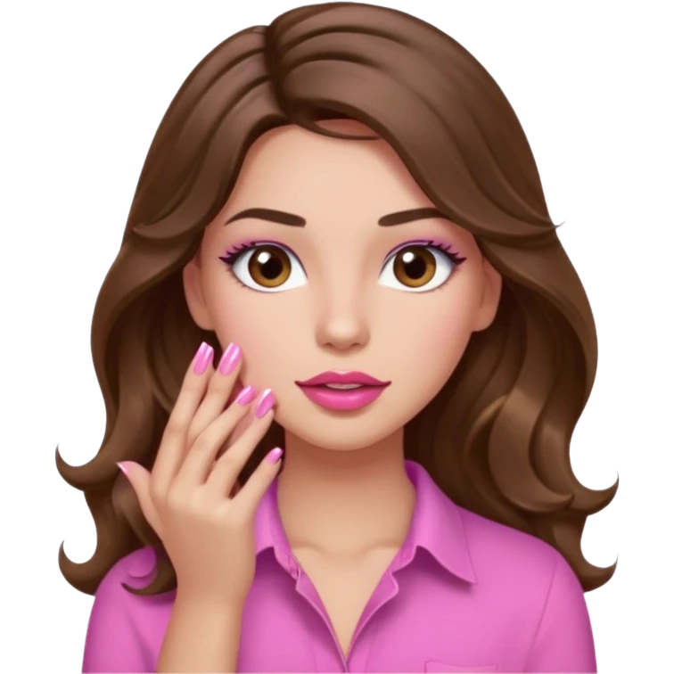 girl with long wavy brown hair, brown eyes, light to medium complexion, in a pink shirt, pink lips, long lashes, puckered lips, showing off a pink manicure emoji