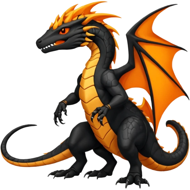 Magmatic fiery badass cool obsidian-Black and golden-orange Helioptile-Amaura-Salandit-Fakémon-hybrid-creature (full body)  emoji