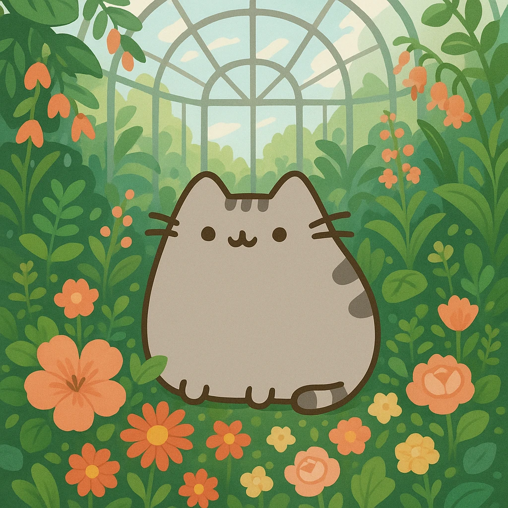 pusheen cat surrounded by flowers in a botanical garden greenhouse emoji