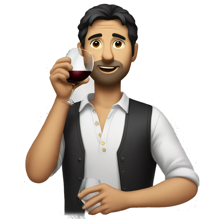 Dark hair guy drinking wine and eating emoji