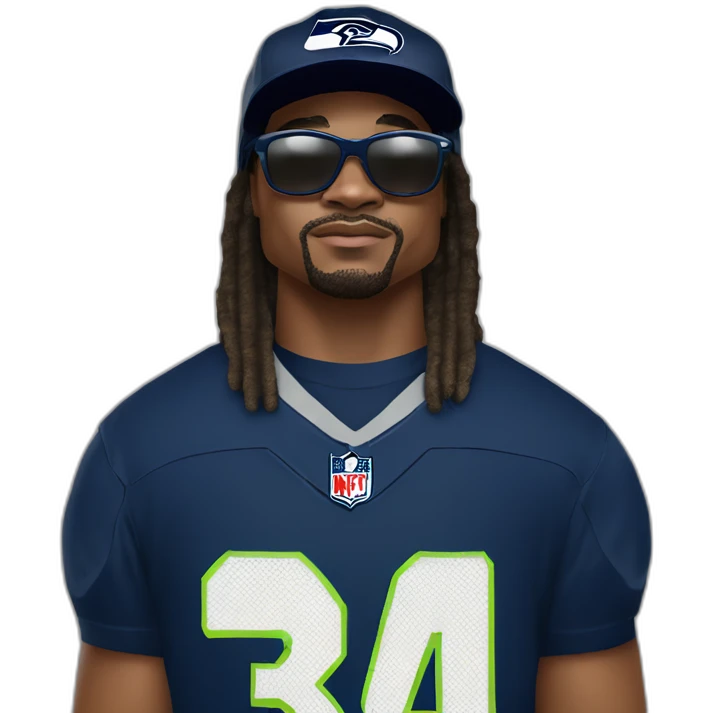 marshawn lynch in a seattle seahawks jersey wearing sunglasses and a baseball cap saying I'm just here so I dont get fined emoji