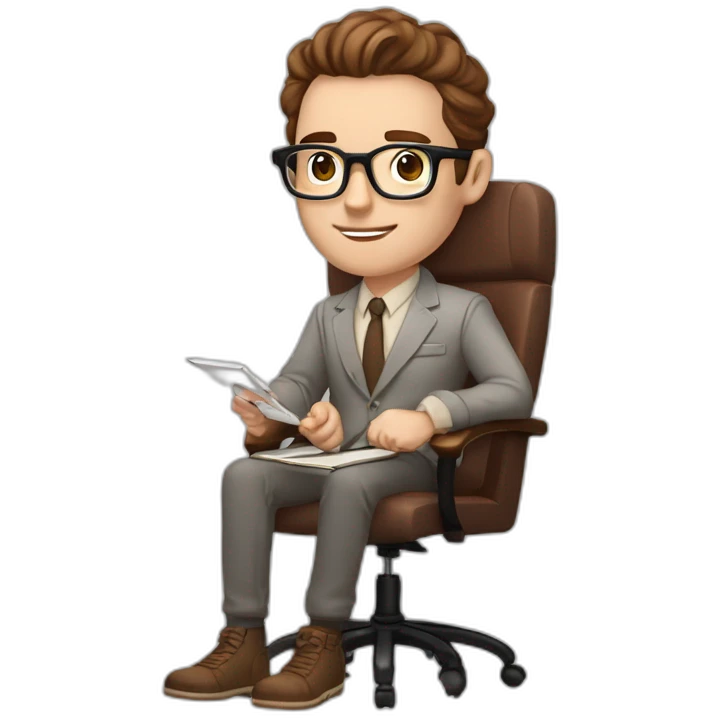 Pale skinned Fit Man With dark brown hair in gray jacket, beige office shirt, Terracotta pants and vintage glasses sitting In a soft chair with a notebook with emblem Ψ and a pen in his hands emoji