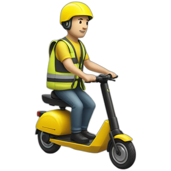 a bald white man with a yellow safety vest with a yellow bicycle helmet on a black  xiaomi e-scooter emoji
