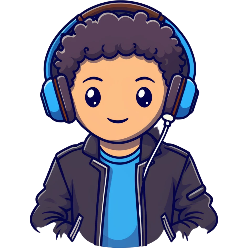 curly haired boy wearing a leather jacket and headphones music producer emoji