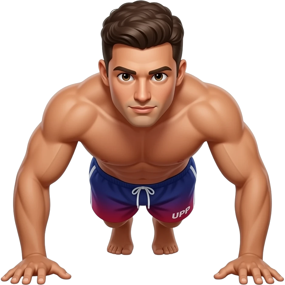 man-half way down mid way doing-push-ups shirtless, nice tan, "UPP" written on his purple to blue to red gradient shorts emoji