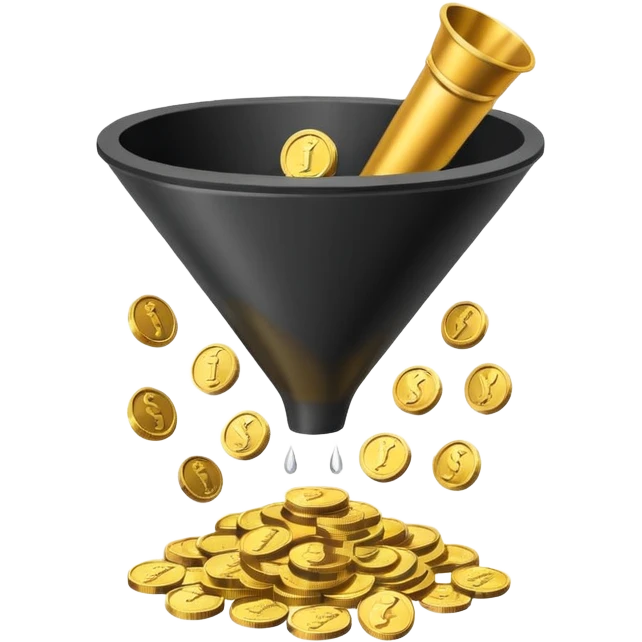 Minimalistic flat vector icon, iOS style, thin black contour on white background. Funnel with coins dropping through it. Clean, no text, no shadows.
 emoji