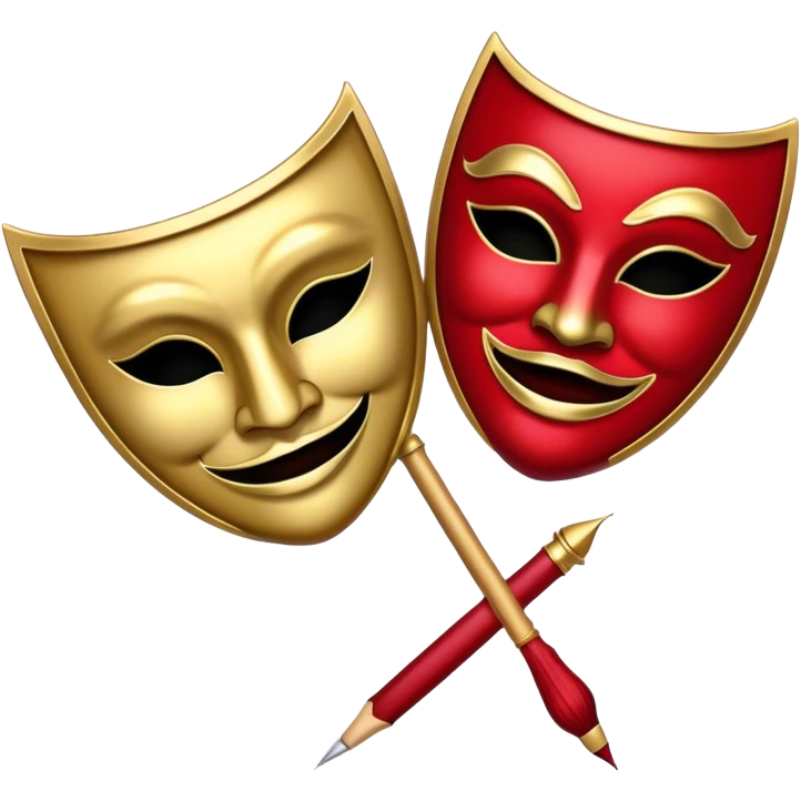 Create a bold and dramatic emoji representing the art of playwriting. The design should feature an open script or a theater playbook, with stylized text lines or dramatic dialogue inside. Include elements like a theatrical comedy and tragedy masks, a stage spotlight, or a writting quill to symbolize creativity and performance. Use deep, contrasting colors like red, black, and gold to evoke the intensity and passion of drama. The overall design should feel dramatic, inspiring, and artistic. Make the background transparent. emoji