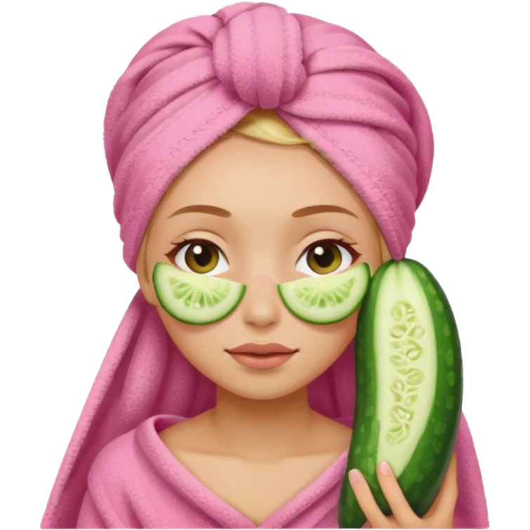Girl with pink towel in hair cucumber slices covering eyes emoji