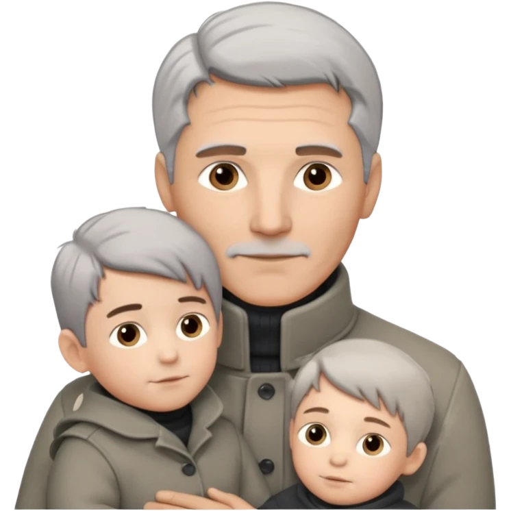 A father with silver-grey hair styled neatly and a clean-shaven face, wearing a dark turtleneck and wool coat, holding his child gently. The child has light brown hair and a soft white jacket. Warm cinematic lighting, emotional close-up. emoji