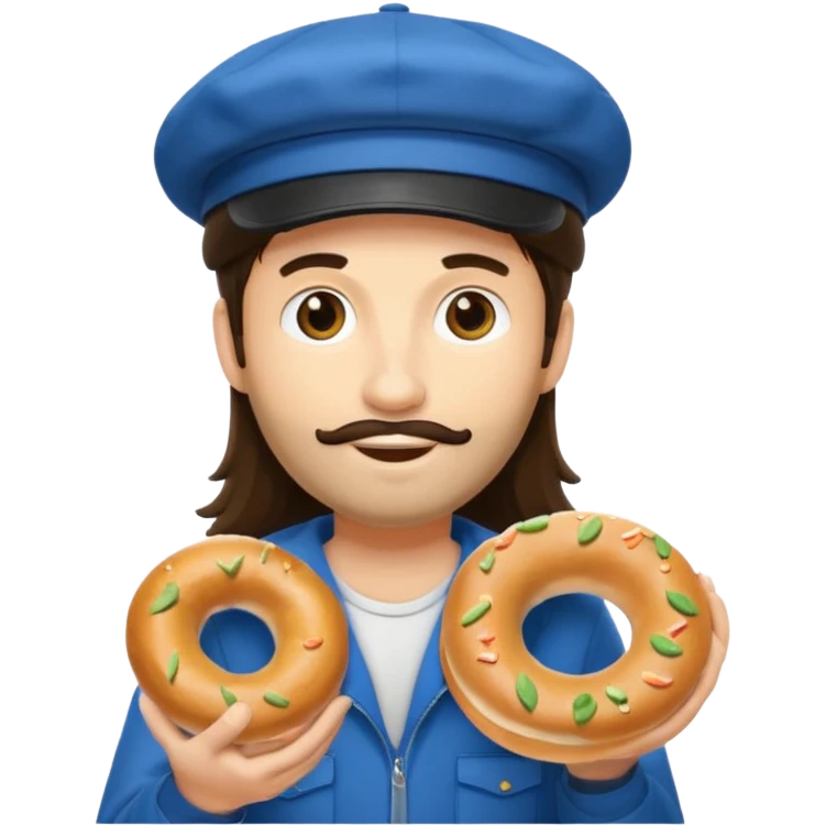 tourist brunette long hair man with cap holding bagel emoji