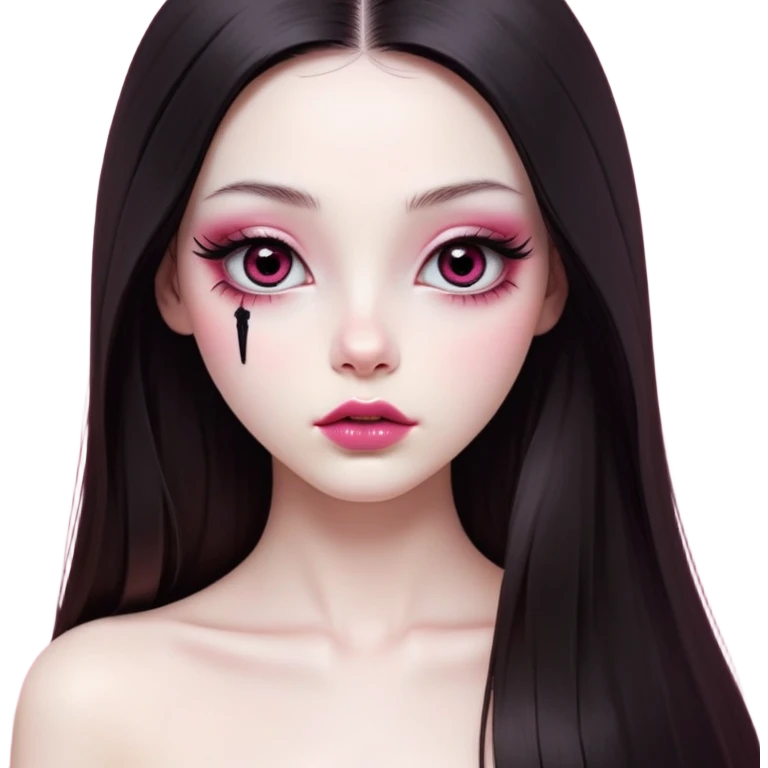 girl with white skin, dark brown long realistic straight hair with middle part prominently falling in front of her body over her shoulders, lips with reddish-pink shiny lip gloss and absolutely no cupid's bow, big round eyes with very black shiny eyeballs and long eyelashes, light pink blush on cheeks, no eyeshadow, lighter button nose, exceptionally elongated very long oval-shaped face, wearing a pink off-shoulder top, looking directly at camera with hands down at sides emoji