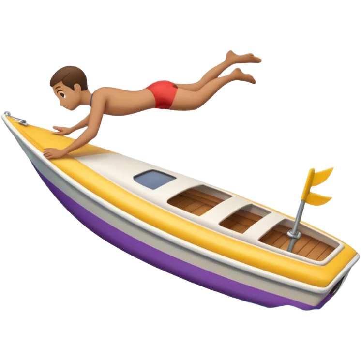 Emoji-style side view of boat with person diving off, rounded cute features, soft shading, colorful, PNG cutout emoji
