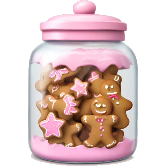 Realistic glass cookie jar with light pink lid full of gingerbread cookies isolated.  emoji