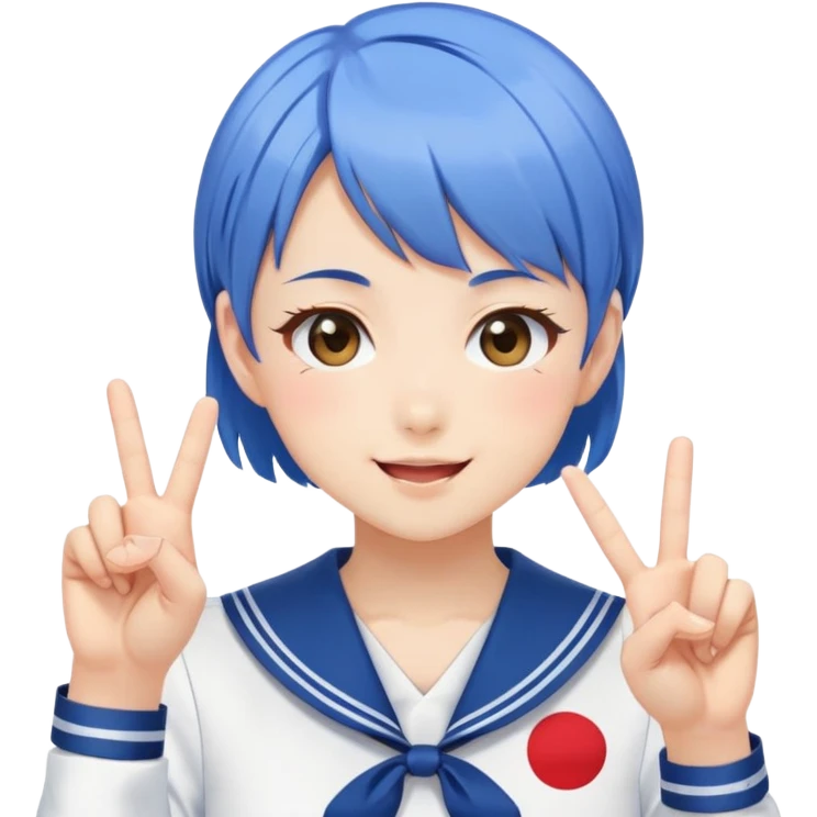 Energetic anime girl with short blue hair wearing Japanese sailor style school uniform, winking and making double peace signs, very cheerful and bubbly, kawaii style emoji