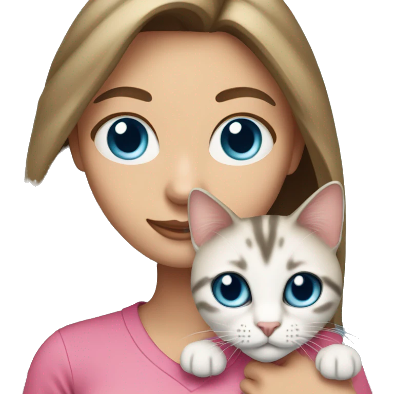 White woman with blue eyes and long dark hair wearing a pink shirt and holding a tabby cat emoji