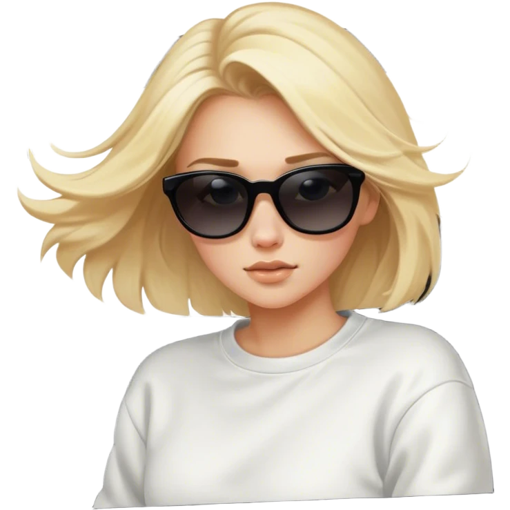 A cinematic realistic blonde in sunglasses, wearing a white sweatshirt, is driving a black car, her hair is slightly blowing in the wind. emoji