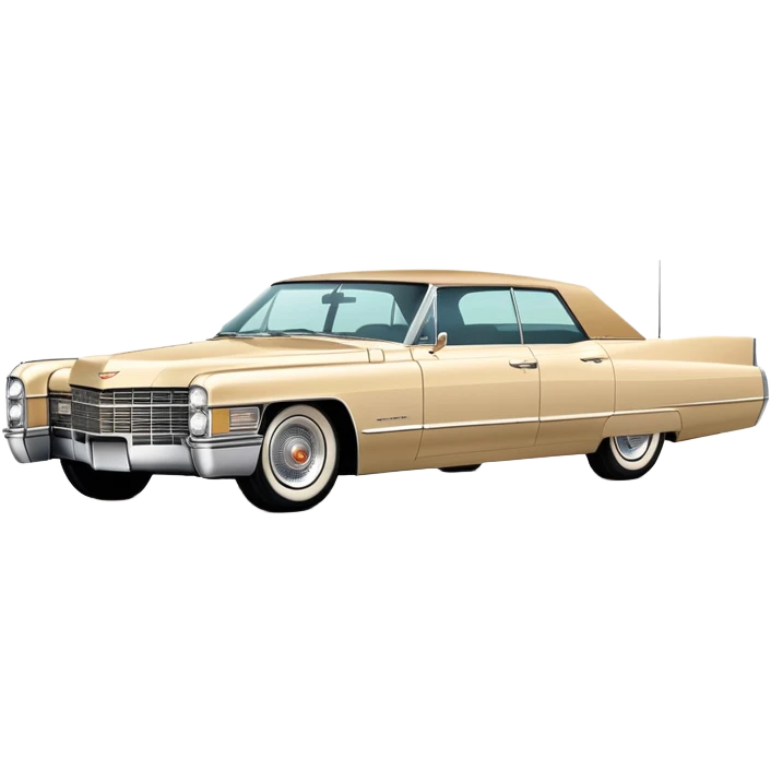 Streamlined beige 1966 Cadillac DeVille, minimal design language, 30-degree view showing simplified front and side, Once Upon a Hollywood reference, iOS emoji style emoji