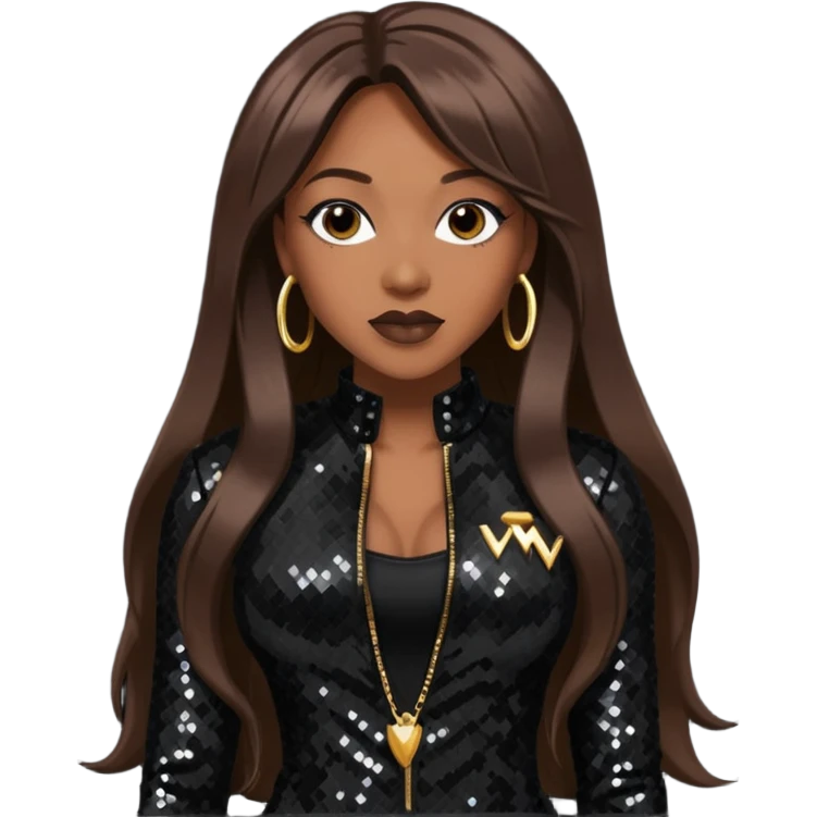 Coko from SWV with long dark brown hair, black sequin outfit emoji