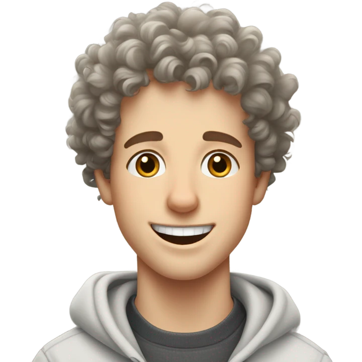 A happy curly-haired white boy in a sweatshirt holds a border collie emoji
