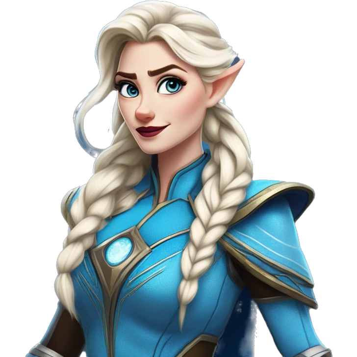 Warcraft geeky nerd Elsa in Marvel Avengers style, oil paint, mysterious eyes, intricate lips, masterpiece pose, odd perspective, beautiful, desirable, logical emoji
