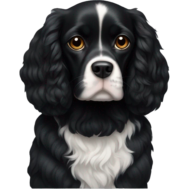 Small completely black king spaniel with black fur on his whole face and white stripe on chest emoji