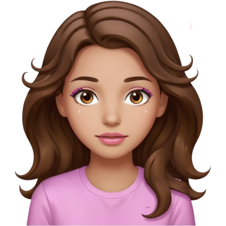 girl with wavy long brown hair, brown eyes, light to medium complexion, long lashes, light pink lipstick, wearing light pink shirt, sweat drops on the forehead emoji