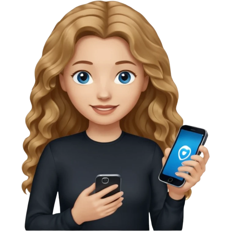 generate a pretty woman with blue eyes, light skin and medium brown long and really wavy shiny hair holding a phone she is looking at the phone while looking down at the screen. she is wearing an ALL black long sleeve. she is smiling emoji