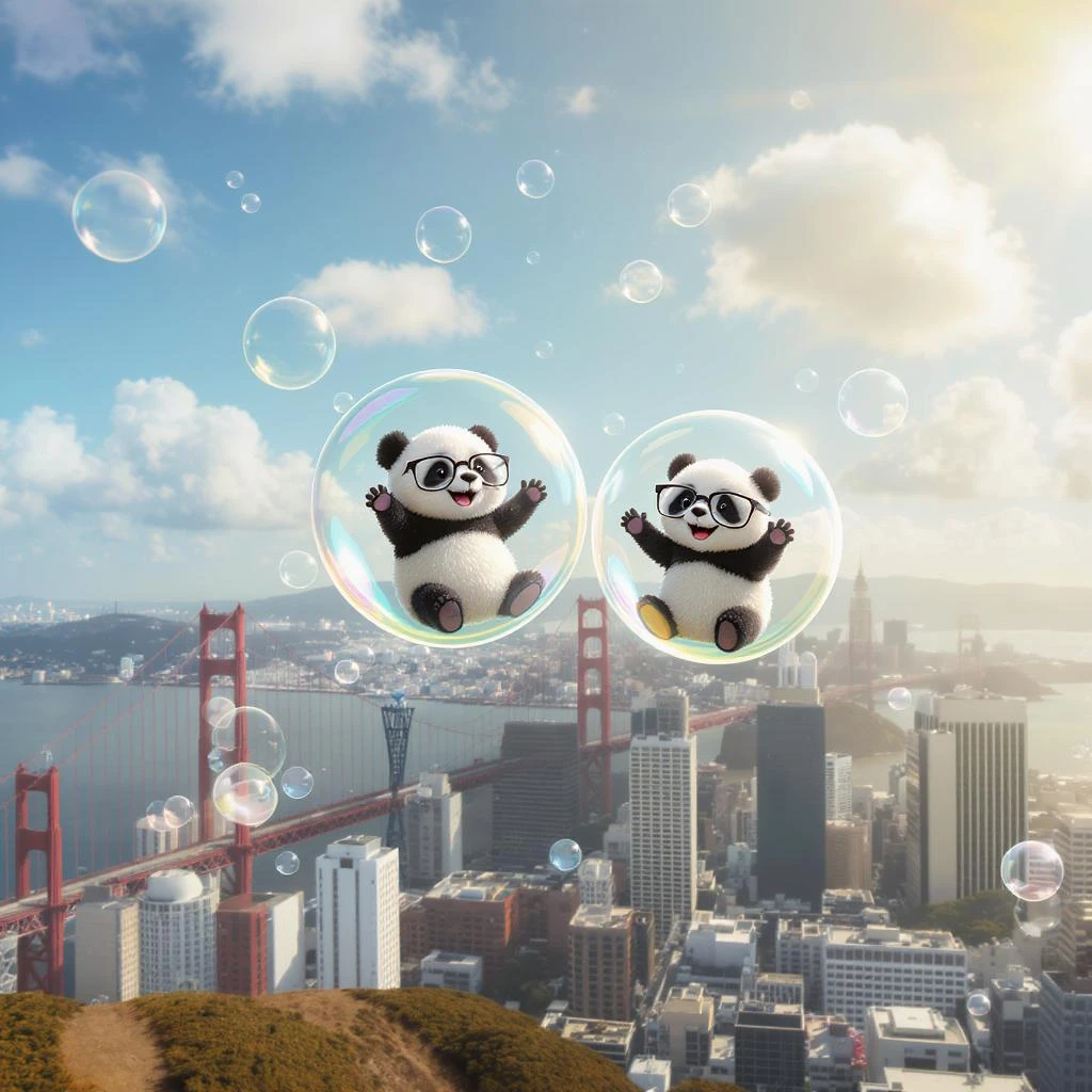 pandas bears sitting inside bubbles flying around San Francisco downtown, sunny summer day, happy vibe emoji