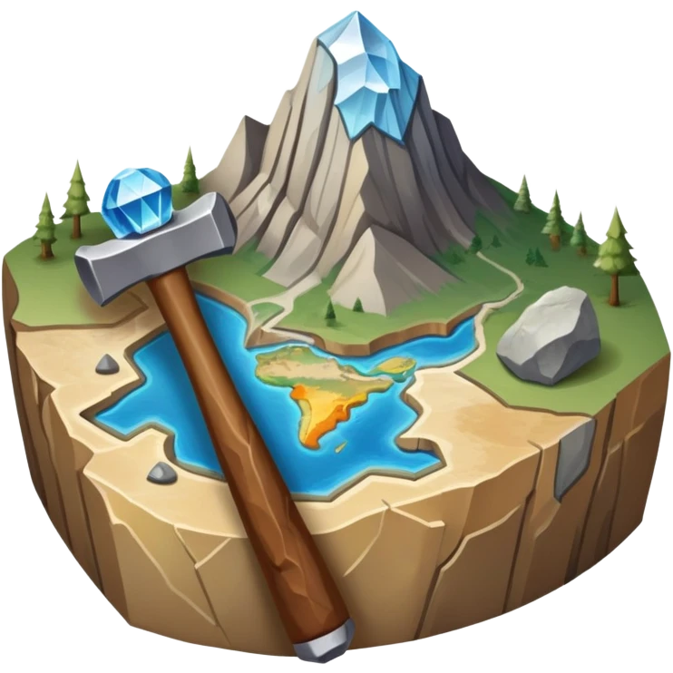 An icon featuring a rock hammer, a fossil, and a geological map, symbolizing geology. The design includes layers of the Earth, a crystal, and a mountain range, representing the study of Earth's structure, materials, and natural processes. Transparent background highlights geological research emoji