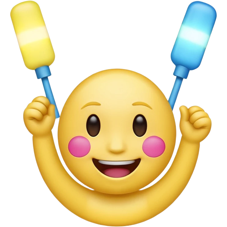 An excited yellow emoji face with closed smiling eyes and blushing cheeks, cheering enthusiastically while holding up two glow sticks (one blue, one pink). It represents high energy, fandom, and celebration. emoji