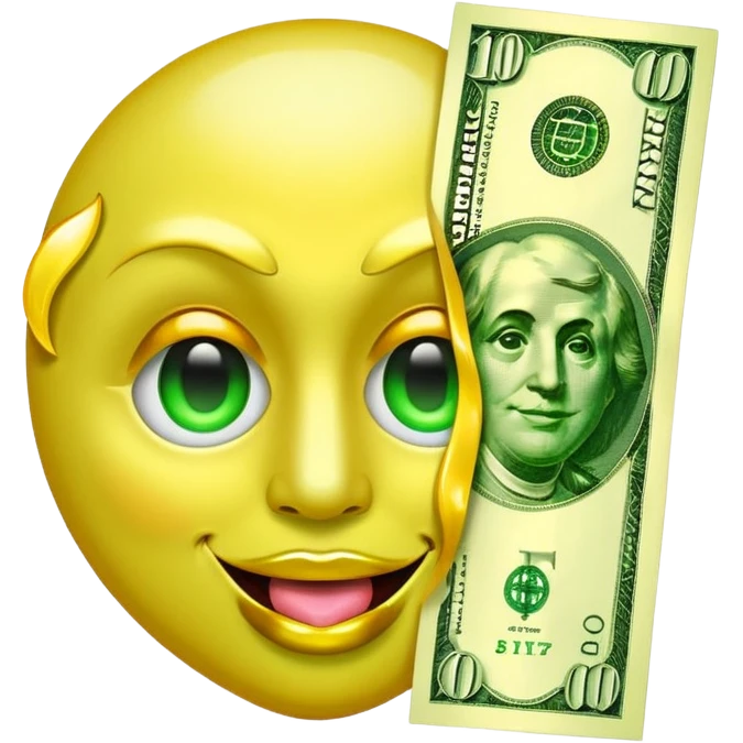 money face emoji. The face should be bright yellow, with exaggerated dollar-sign eyes glowing in neon green, and a tongue sticking out shaped like a crisp $100 bill. Add a shiny, golden aura behind the face emoji