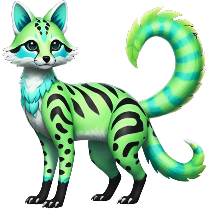 Rare realistic iridescent neon lime-green & cyan white black lush tropical exotic edgy epic pretty beautiful handsome gorgeous aesthetic colorful vibrant Vernid-Protogen-Primagen-Genet-Trico-species-Fakemon-hybrid-creature by LiLaiRa, beautiful intricate markings, full body emoji