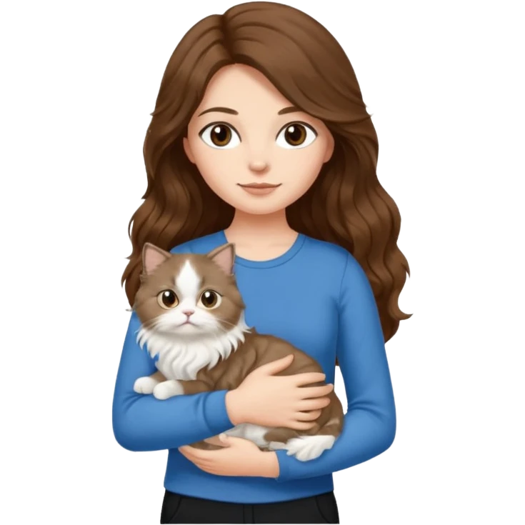 a girl with long wavy ish brown hair with a blue top and black pants holding a white persian cat  emoji