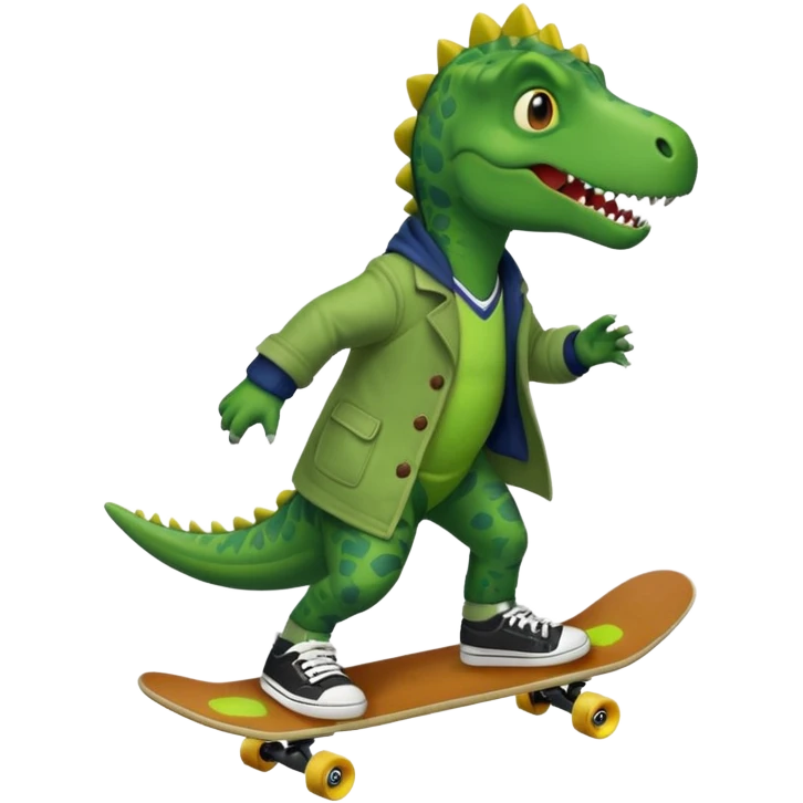 a dinosaur on a skateboard wearing a coat with sneakers in the bottom emoji