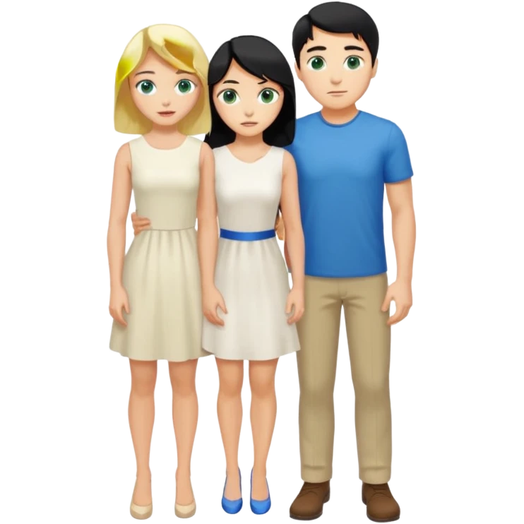 Man, black Hair, blue eyes, whole body, Woman, blonde, green eyes, White Dress, bending knees emoji