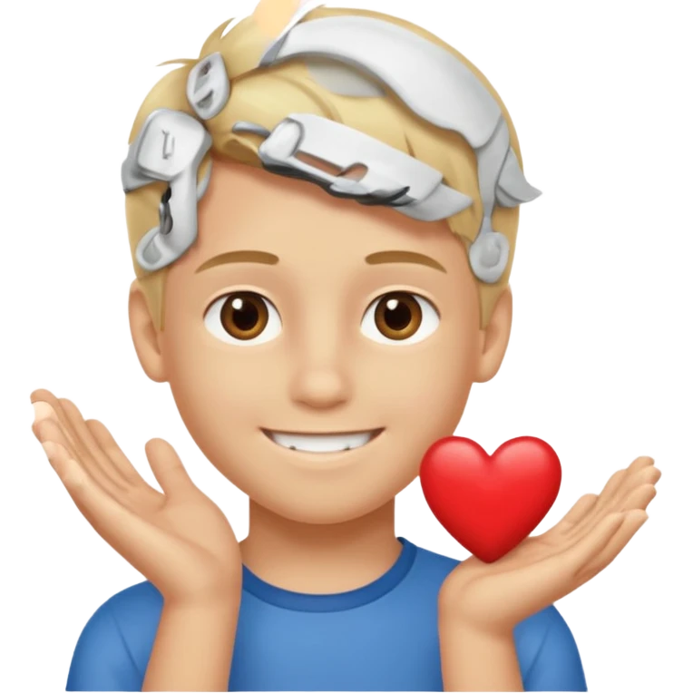 Un garçon blond aux yeux marrons de 13 ans qui tient avec ses mains un L avec des cœurs autour de son visage emoji