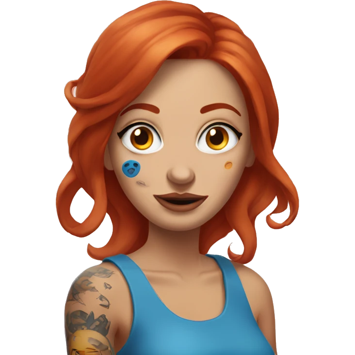 Woman with red hair, nose piercing, blue eyes and arm tattoos holding fried eggs emoji