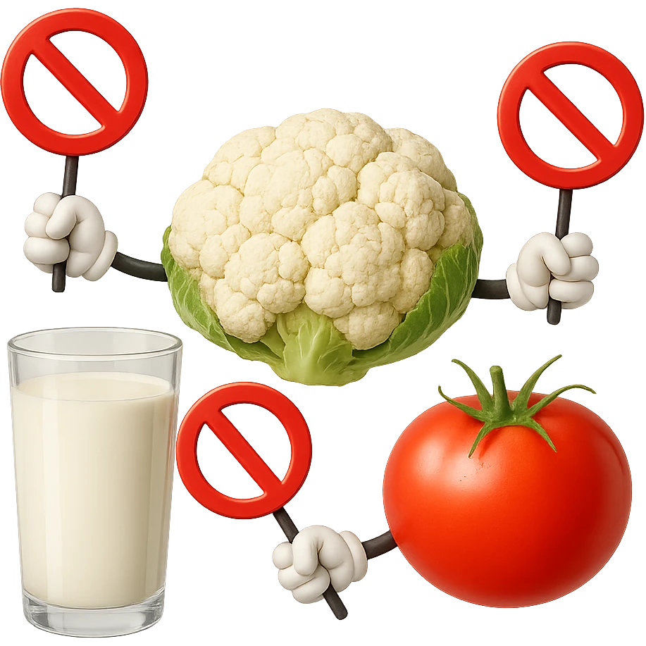 emoji stile iphone di un BICCHIERE DI LATTE CAVOLFIORE E POMODORO CHE FLUTTUANO IN ARIA CON DIVIETI IN MANO, iperrealistico 4k, isolato su sfondo bianco emoji