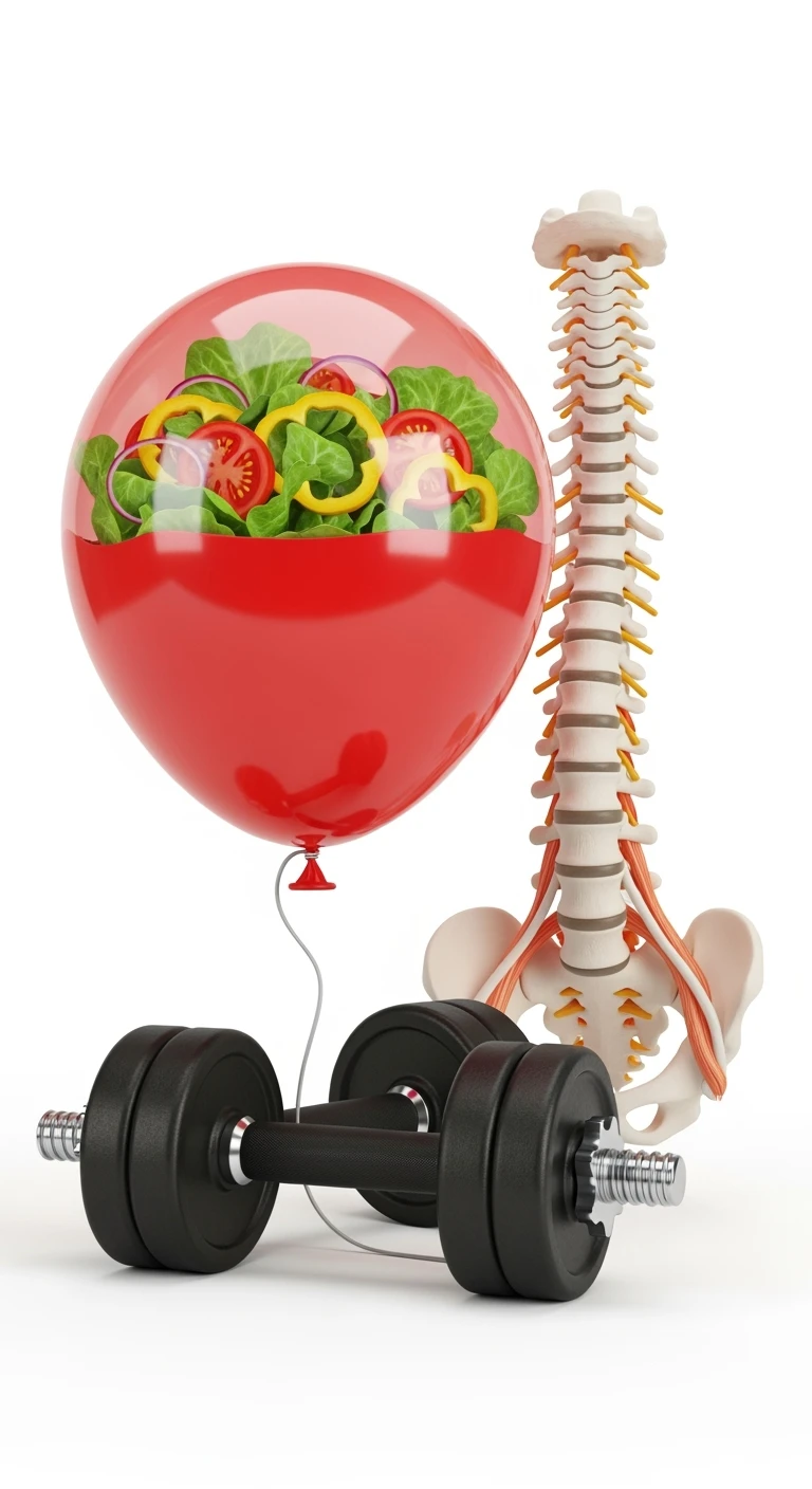 palloncino rosso con all'interno insalata, manubri da palestra e una spina dorsale anatomica realistica in 3d, isolato su sfondo bianco emoji