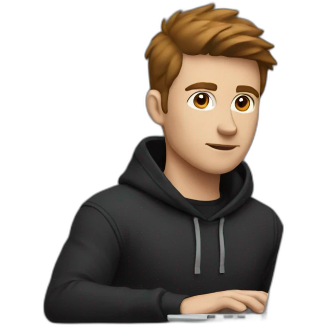 a focused white man, wearing a black hoodie, with brown hair, behind a laptop screen emoji