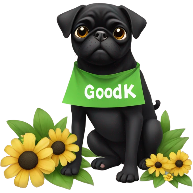 Black pug , surrounded by flowers, holding a green sign that says “good luck”  emoji