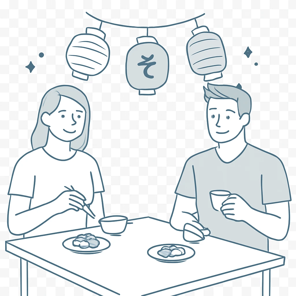 Two people dining at an outdoor Japanese cafe with lanterns overhead, simple clean lines showing small food plates and tea cups, minimal background details emoji