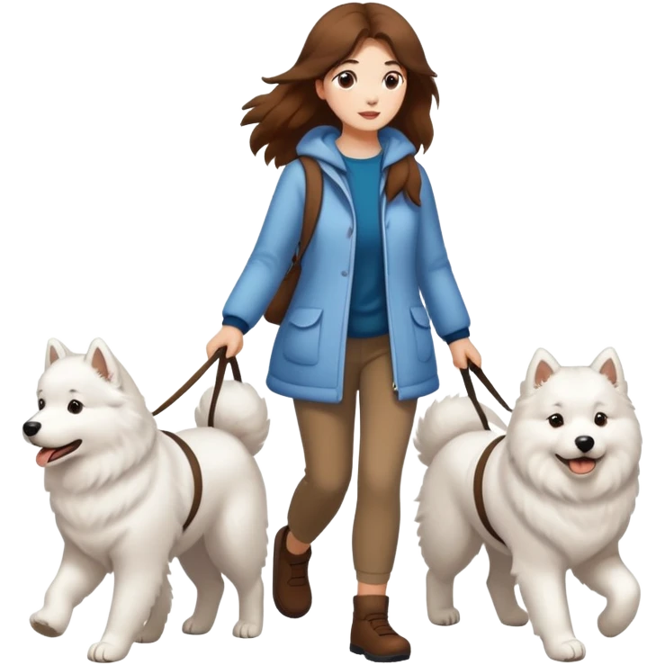 Brown-haired girl walks a Samoyed emoji