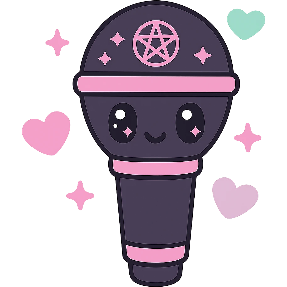 kawaii style magical gothic microphone, cute face, black and pink design, sparkling stars, surrounded by pastel hearts, glamorous and musical emoji