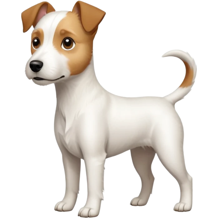 a full body large white parson russell terrier looking dog the size of a kelpie with light brown big ears and a light brown patch on one eye and a large snout emoji