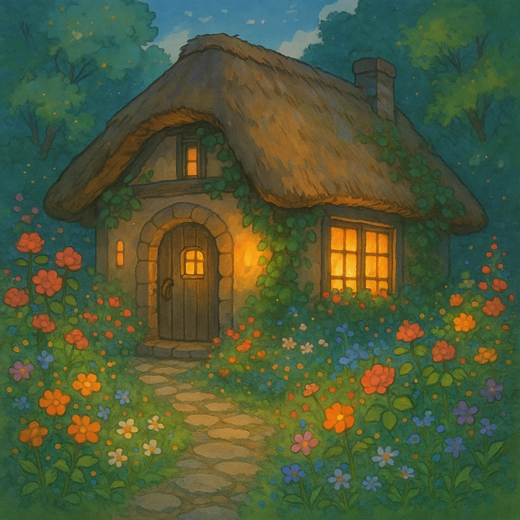 a small cottage with a thatched roof surrounded by flowers, warm lighting, magical feel, ghibli style emoji