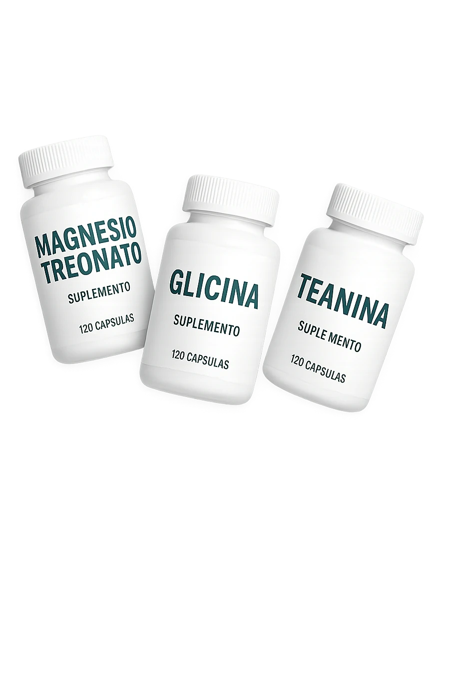 3 boccette di integratori: Magnesio Treonato, glicina, teanina, fluttuano in aria emoji